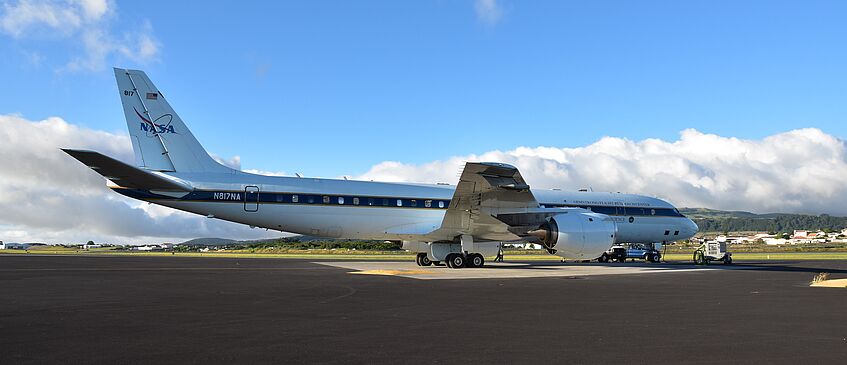 The DC-8 on Terceira, Azores. Our CAPS instrument is mounted at the right wing tip.